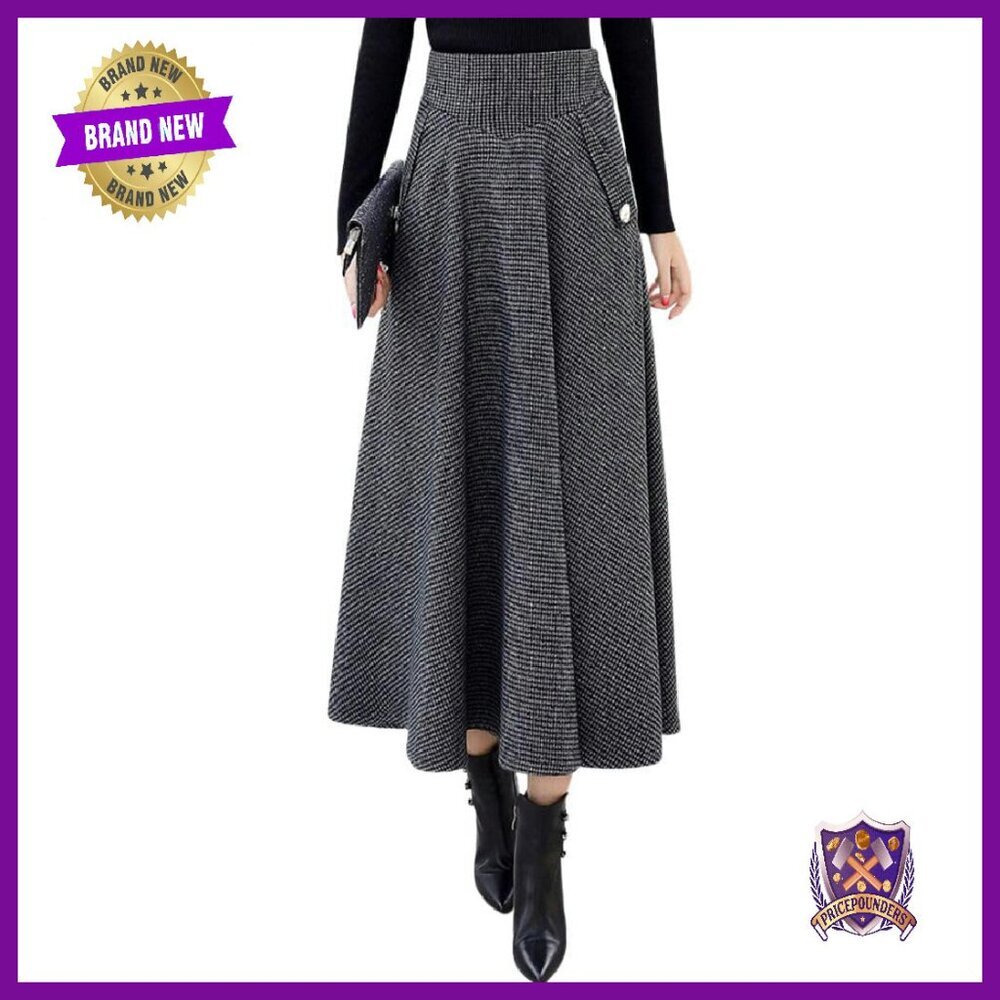 Wool Blend A-Line Midi Skirt with Pockets, Back Elastic Waist